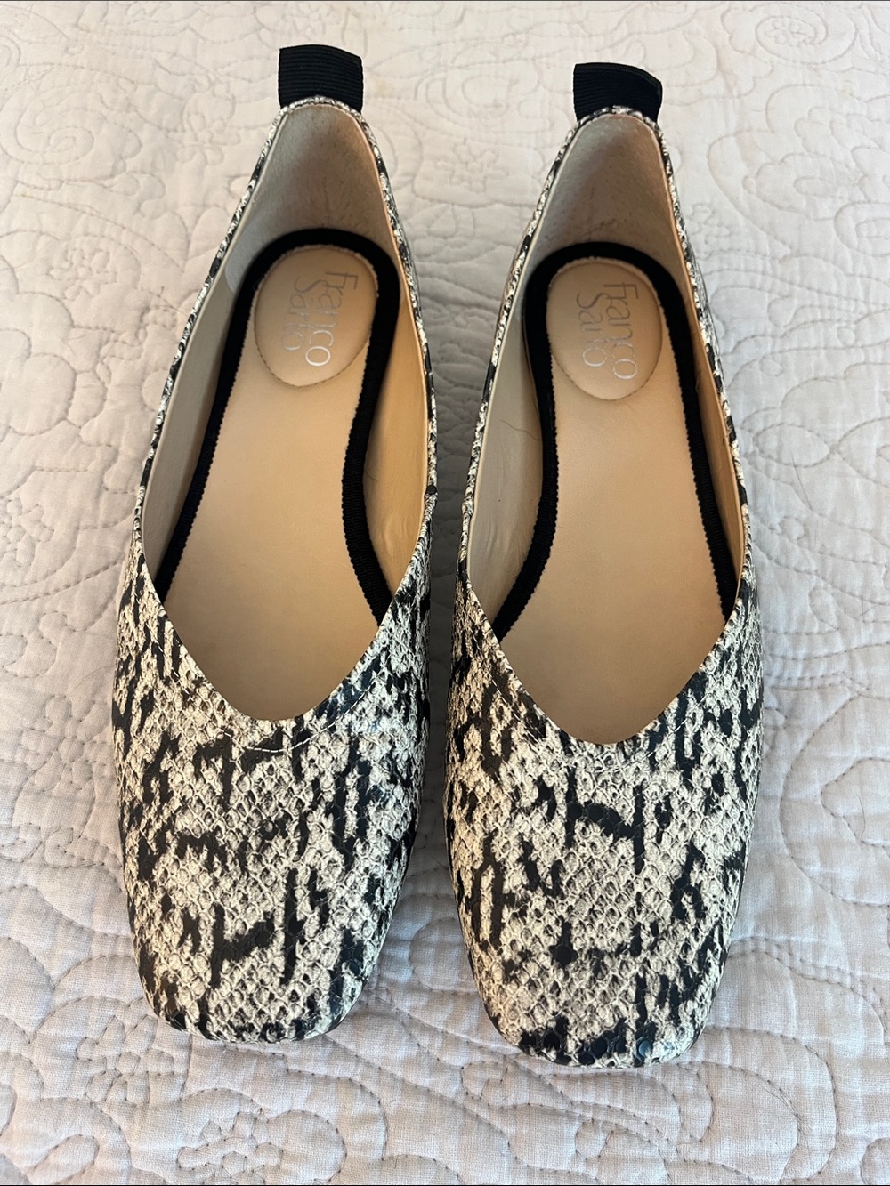 Franco Sarto Black and White Snake-Print Slip-On Flats